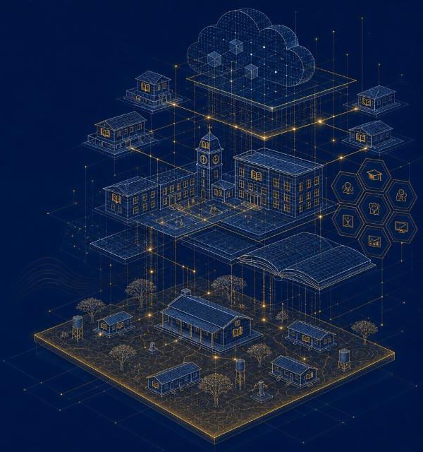An isometric view of a school, its classrooms, records and services connected into one picture